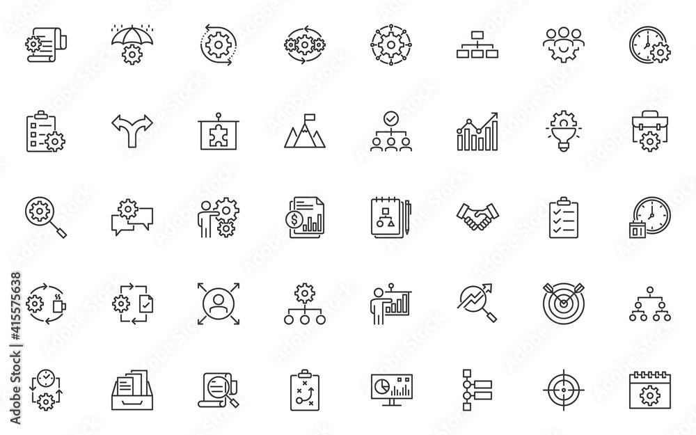 set of business management thin line icons, organization, process, planning, working