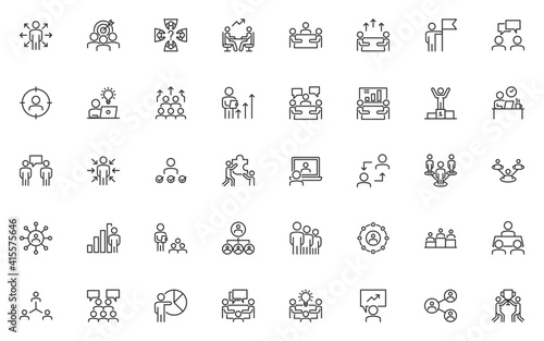 set of business people thin line icons, meeting, team, mangement, human resource
