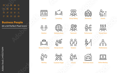 set of business people thin line icons, meeting, team, mangement, human resource