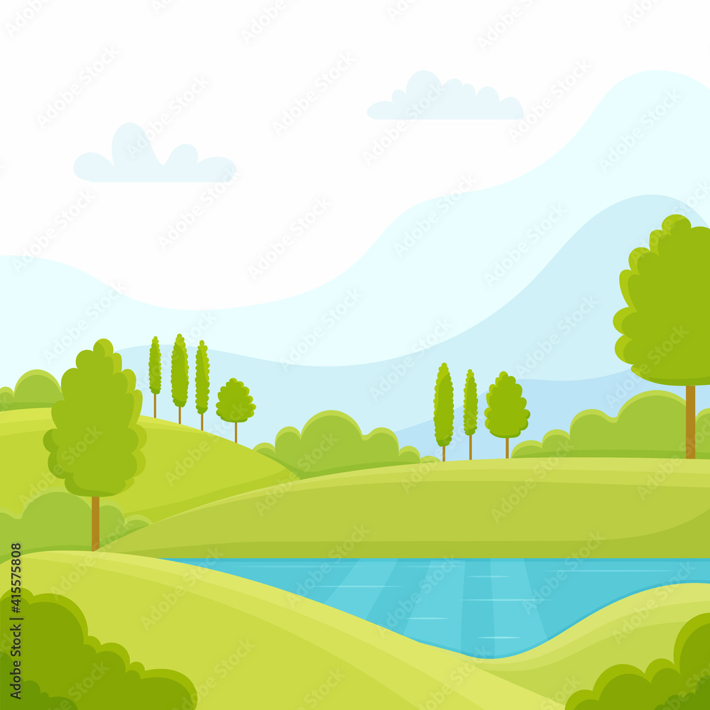 Obraz premium Cartoon flat panorama of spring summer beautiful nature, green grasslands meadow, forest, scenic blue lake, mountains on horizon background, mountain lake landscape vector illustration