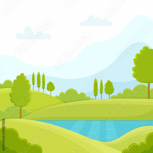 Cartoon flat panorama of spring summer beautiful nature, green grasslands meadow, forest, scenic blue lake, mountains on horizon background, mountain lake landscape vector illustration