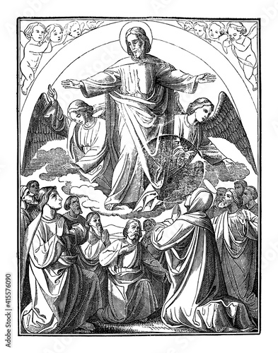 Resurrected Jesus Christ is taken up to heaven.Vintage antique drawing. Bible, New Testament.