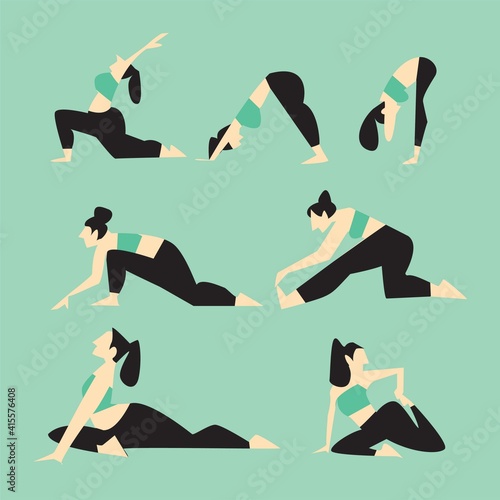 Set of women stretching, exercising, or doing yoga. Vector flat illustrations.