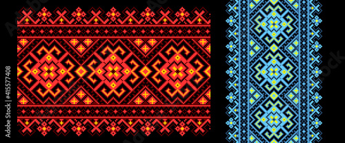Embroidered good like old handmade cross-stitch ethnic Ukraine pattern. Ukrainian towel with ornament, rushnyk called, in vector. Red and Blue version over black background.