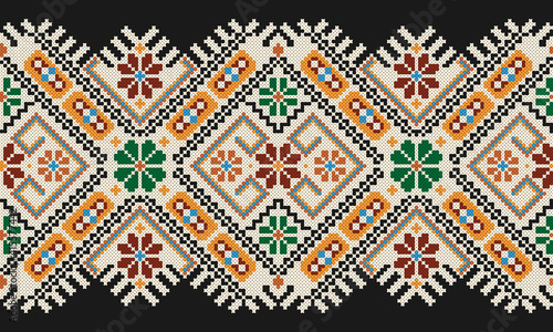Embroidered good like old handmade cross-stitch ethnic Ukraine pattern. Ukrainian towel with ornament, rushnyk called, in vector.