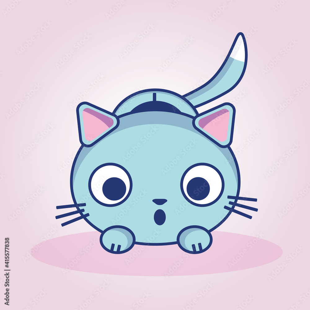 Surprised cute kitten. Vector illustration of a kitten in blue pink colors. Surprised cute kitten. Vector illustration of a kitten in blue pink colors.