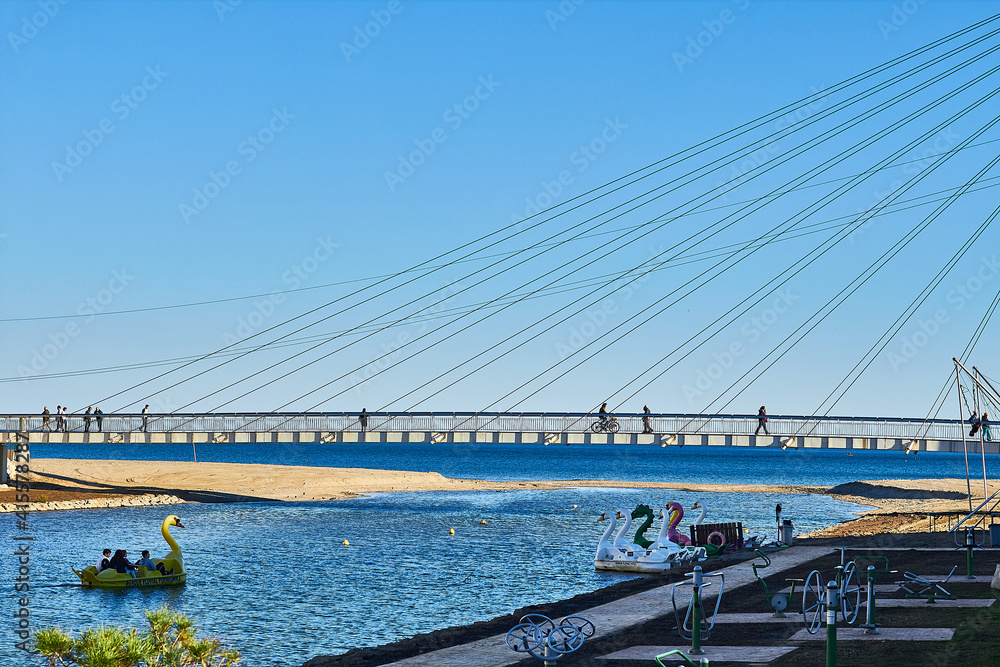Obraz premium View from the Sohail castle overlooking a river, bridge, beach and sea in Fuengirola, Spain.