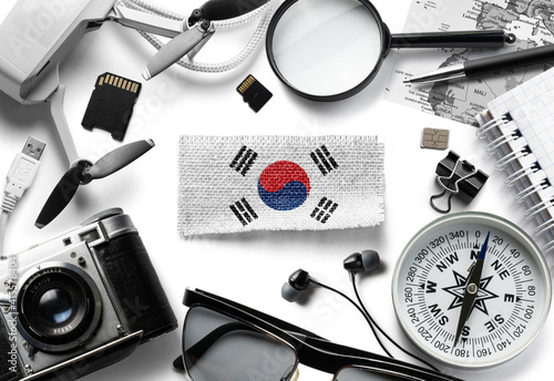 Photography Flag of South Korean and travel accessories on a white background