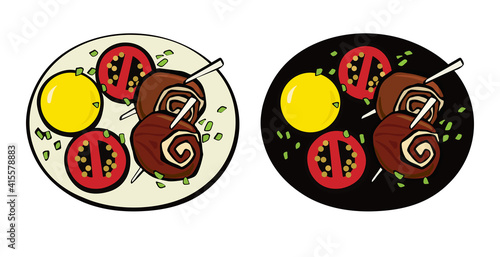 Meatloaf on a wooden skewer, potato and tomates. Pop art. Retro style. Vector illustration