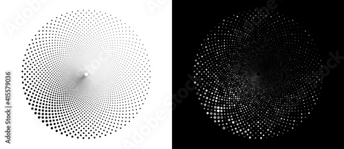 Abstract dots halftone circle. Black dots over white background. Gray random dots over black background. photo