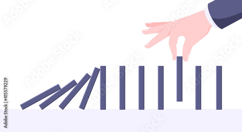 Domino effect business concept. Hand stops chain reaction of falling board game blocks of dominoes flat style vector illustration. Business bankruptcy or crisis, risk and finding solution metaphor.