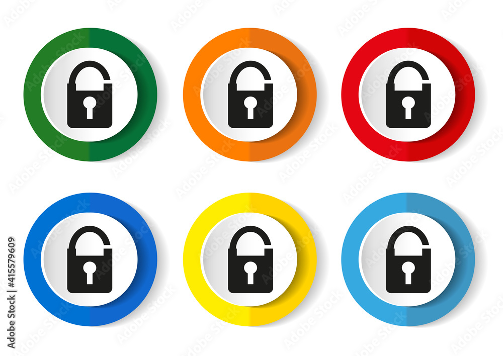 Padlock, security vector icons, set of circle buttons in 6 colors options for webdesign and mobile applications Padlock, security vector icons, set of circle buttons in 6 colors options for webdesign and mobile applications