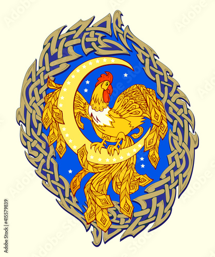 Fantasy illustration of fairyland rooster sitting on the moon. Abstract decoration with Celtic knot pattern for print. Cover for children fairy tale book. Vector cartoon drawing of bird for kids.