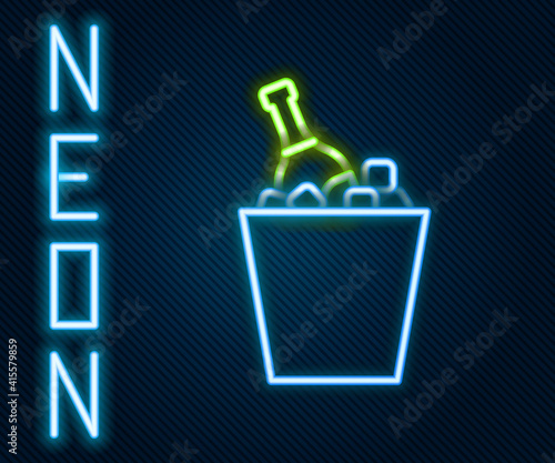 Glowing neon line Bottle of champagne in an ice bucket icon isolated on black background. Colorful outline concept. Vector Illustration.