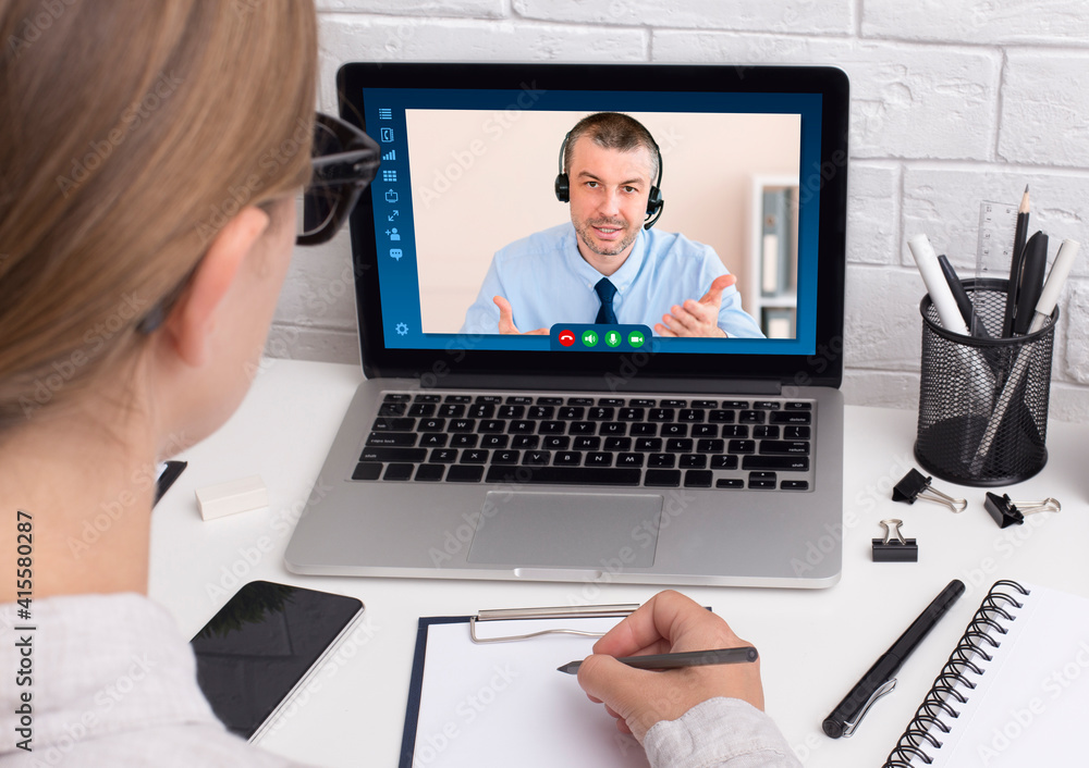 Business partners having online meeting via video call on laptop, collage Business partners having online meeting via video call on laptop, collage