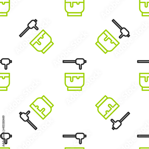 Line Honey dipper stick and bowl icon isolated seamless pattern on white background. Honey ladle. Vector Illustration.