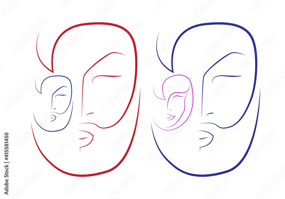Set of stylized linear paired faces of men and women on a white background Set of stylized linear paired faces of men and women on a white background