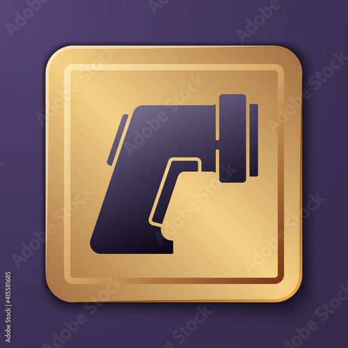 Purple Digital contactless thermometer with infrared light icon isolated on purple background. Gold square button. Vector.