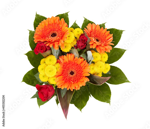 bouquet of flowers roses red orange pink yellow isolated on​ white​ background ​with​ clipping​ path​