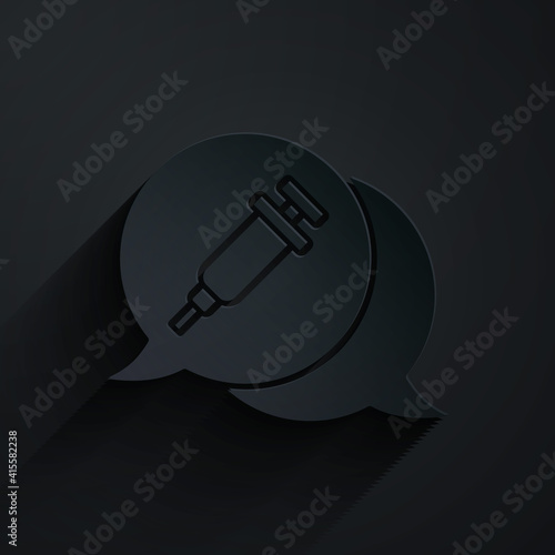 Paper cut Addiction to the drug icon isolated on black background. Heroin, narcotic, addiction, illegal. Sick junkie with a syringe and medical pills. Paper art style. Vector.