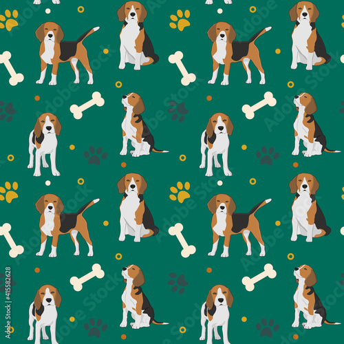 Seamless beagle pattern. Cartoon home pet, set of cute puppies for print, posters and postcard. Vector beagle animal background. Funny little doggy seamless pattern