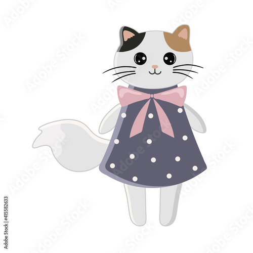 Cat girl in a dress, vector illustration on a white background. Can be used as a print on children's clothing, greeting cards, invitations to children's parties, room poster.