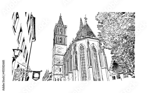 Building view with landmark of Rothenburg ob der Tauber is a German town in northern Bavaria . Hand drawn sketch illustration in vector.