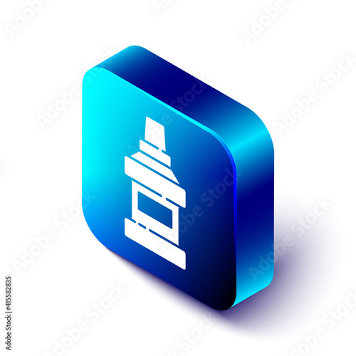 Isometric Mouthwash plastic bottle icon isolated on white background. Liquid for rinsing mouth. Oralcare equipment. Blue square button. Vector.