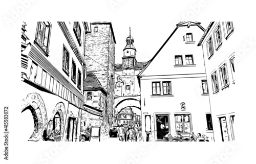 Building view with landmark of Rothenburg ob der Tauber is a German town in northern Bavaria . Hand drawn sketch illustration in vector.