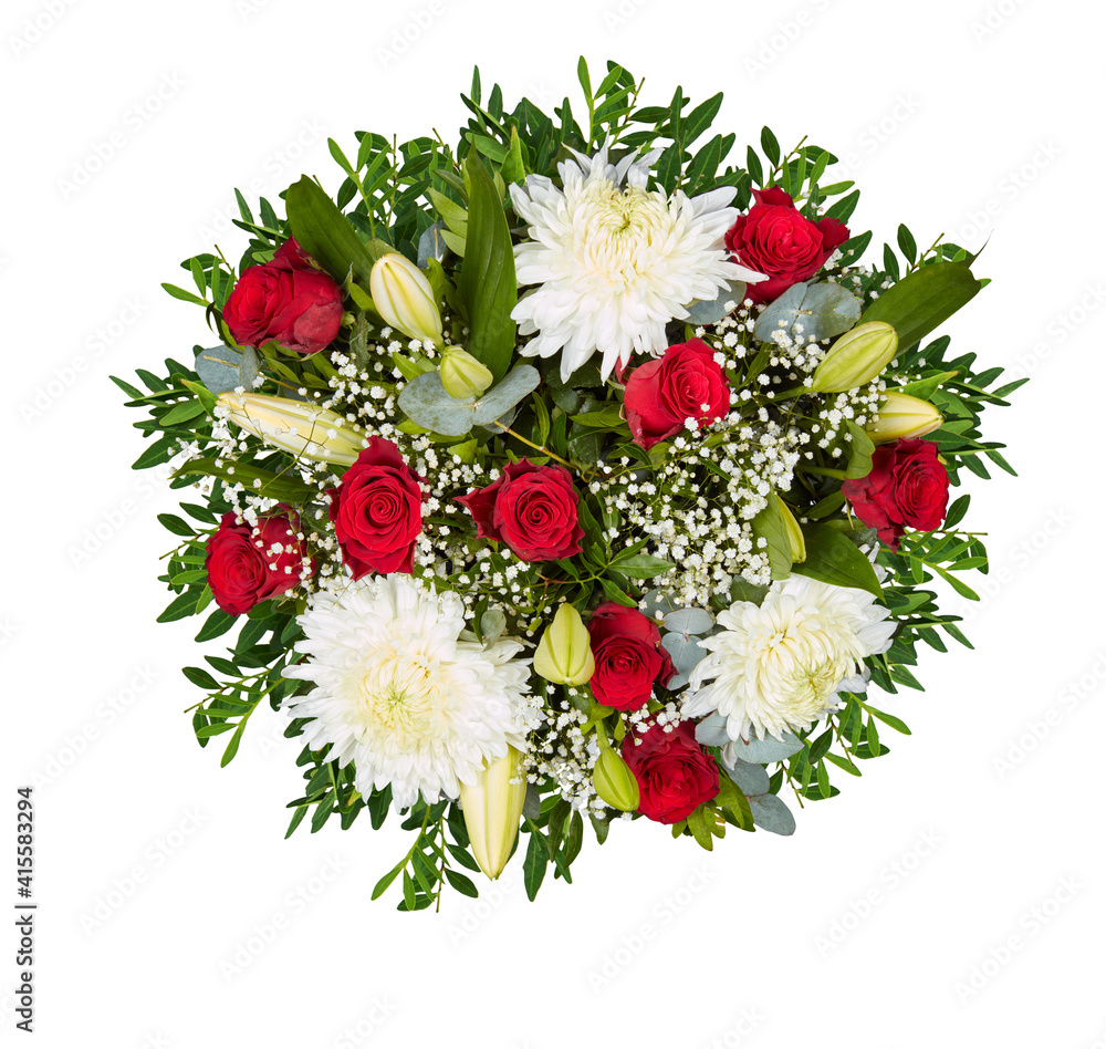 bouquet of flowers roses red white yellow isolated on​ white​ background ​with​ clipping​ path​