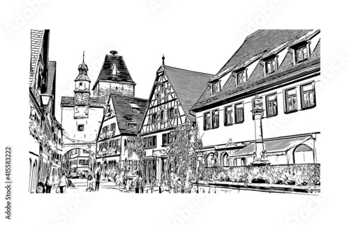 Building view with landmark of Rothenburg ob der Tauber is a German town in northern Bavaria . Hand drawn sketch illustration in vector.