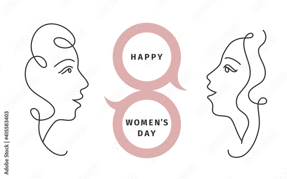 Happy International Women's Day card. Continuous line drawing. Stock Vector  by ©SvetlanaKononova 184620236