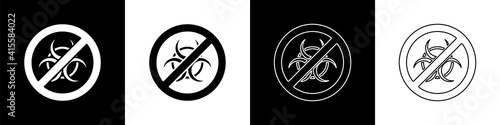 Set Stop GMO icon isolated on black and white background. Genetically modified organism acronym. Dna food modification. Vector.