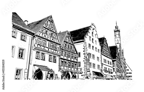 Building view with landmark of Rothenburg ob der Tauber is a German town in northern Bavaria . Hand drawn sketch illustration in vector.