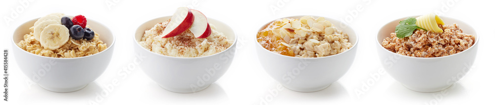 Set of breakfast porridges isolated on white Set of breakfast porridges isolated on white