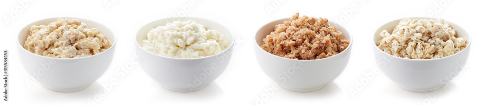 Set of breakfast porridges isolated on white Set of breakfast porridges isolated on white