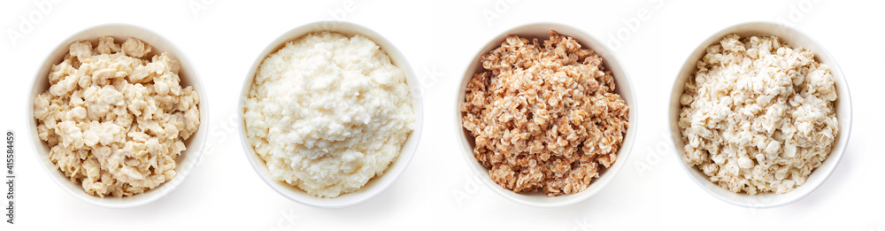 Set of breakfast porridges isolated on white, from above Set of breakfast porridges isolated on white, from above