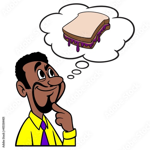 Man thinking about a Peanut Butter and Jelly Sandwich - A cartoon illustration of a man thinking about a Peanut Butter and Jelly Sandwich.