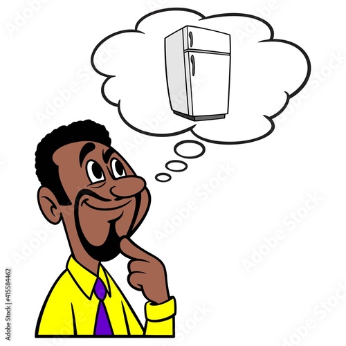 Man thinking about a Refrigerator - A cartoon illustration of a man thinking about a Refrigerator.