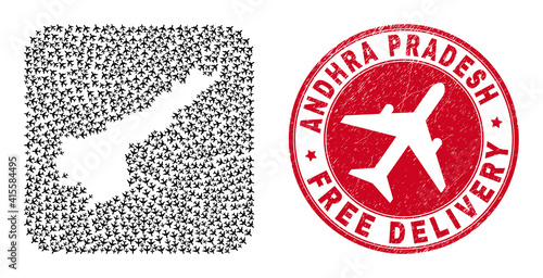 Vector collage Andhra Pradesh State map of airliner elements and grunge Free Delivery badge.