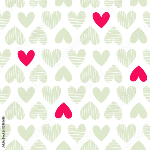 Seamless pattern with light green and red hearts on a white background 