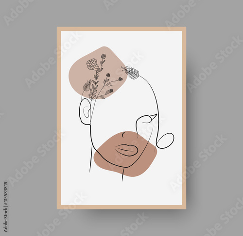 Botanical wall art abstract vector. Foliage line drawing. Neutral boho art print. Minimal mid century wall art print for bedroom decor. Gallery decor poster, terracota watercolor for bohemian interior