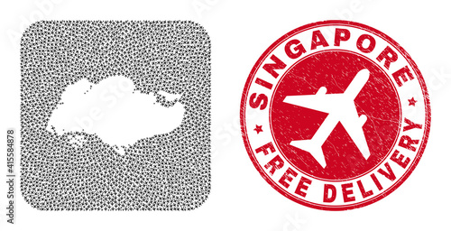 Vector mosaic Singapore map of airliner items and grunge Free Delivery seal stamp. Collage geographic Singapore map created as carved shape from rounded square with flying out jet vehicles.