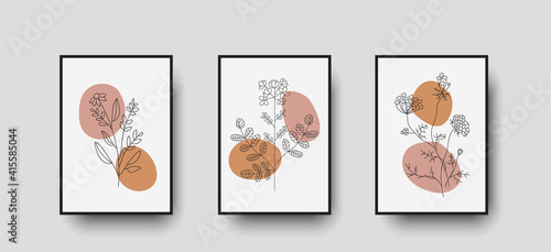 Botanical wall art abstract vector. Foliage line drawing. Neutral boho art print. Minimal mid century wall art print for bedroom decor. Gallery decor poster, terracota watercolor for bohemian interior