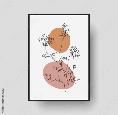 Botanical wall art abstract vector. Foliage line drawing. Neutral boho art print. Minimal mid century wall art print for bedroom decor. Gallery decor poster, terracota watercolor for bohemian interior