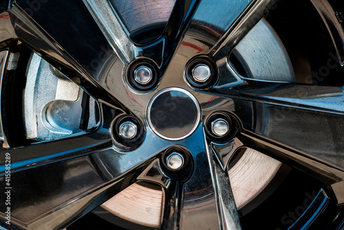 alloy black steel wheels close up. Car background.