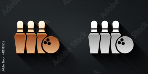 Gold and silver Bowling pin and ball icon isolated on black background. Sport equipment. Long shadow style. Vector.