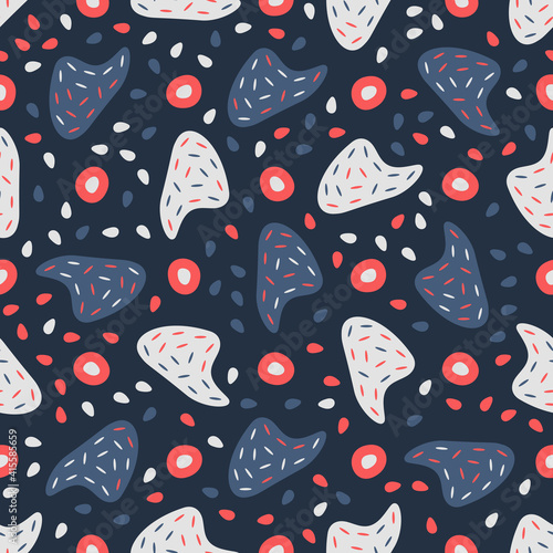 Seamless pattern with hand drawn organic shapes. Beautiful texture for textile, paper print, scrapbooking or wallpaper. Vector illustration. Cute colorful abstract background.
