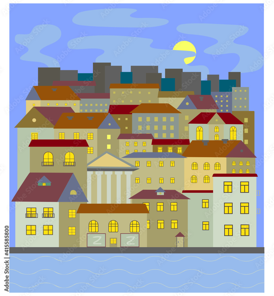 Evening City on the river. Vector illustration, poster, banner, design for website decoration, booklet, typographic products. Evening City on the river. Vector illustration, poster, banner, design for website decoration, booklet, typographic products.