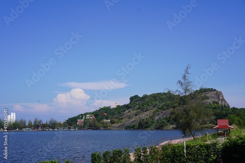 Big mountain and lake with blue sky